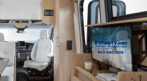 TV in RV with RVParkTV by Its All About Satellites 800-951-1979 on the TV screen