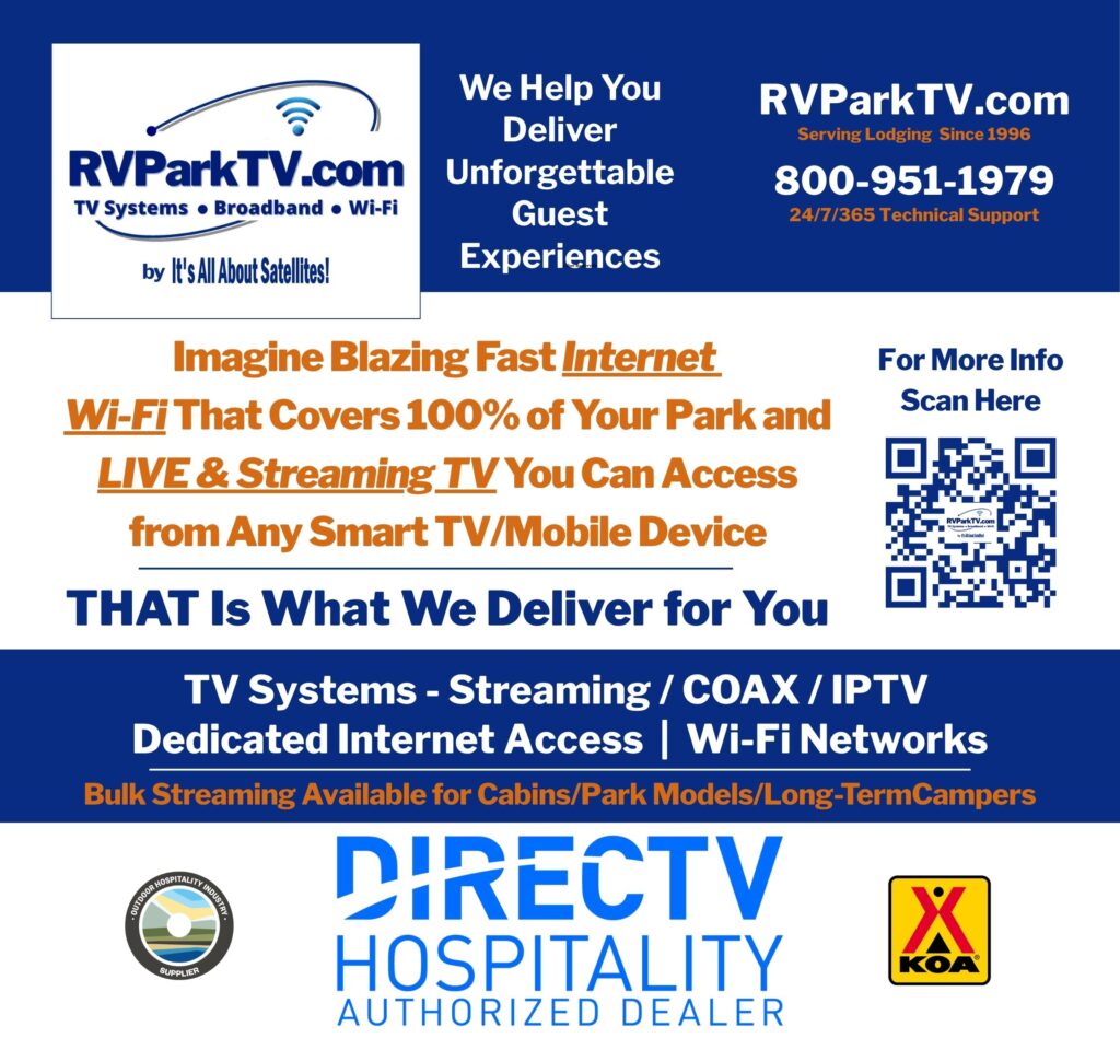 RVParkTV.com backdrop for trade shows - RVParkTV.com by Its All About Satellites - DIRECTV FOR BUSINESS Authorized Dealer - Les Connect At OHCE and KOA