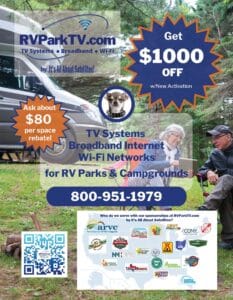 RVPARKTV.com by Its All About Satellites - TV Systems, WiFi Netowrks, Broadband Internet for RV Parks, Campgrounds, and Glamping. Get $1000 Off with New Activation. $80 per space eqpmt rebate 800-951-1979